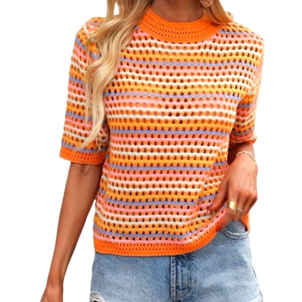 Crochet Open Weave Half Sleeve Knit Sweater Orange Blue Pink Green Yellow XL